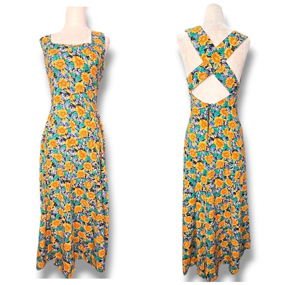 Vintage All That Jazz Floral Maxi Dress Open Cross Back Sunflower Garden Party - Picture 1 of 11